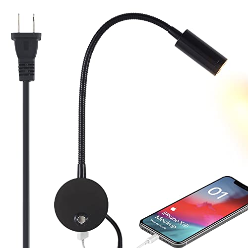 Wishomee Plug-In Dimmable Wall Mounted Reading Light With Usb Charging Port, Led Bedside Wall Lamp With Flexible Gooseneck, Black Finished(3W Warm White) #TOP11