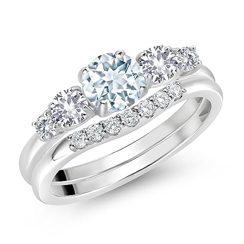 10K White Gold Sky Blue Aquamarine White Created Sapphire and White Lab Grown Diamond 5 Stone Bridal Engagement Wedding Ring Set For Women (0.87 Cttw, Round: 5MM and 3MM, Available in Size 5,6,7,8,9)3