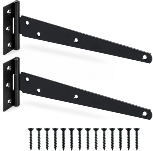 Garden Gate Hinges for Wooden Shed - 10 Inch 2Pcs Weather & Rustproof Powder Coating Metal Tee Strap Black Door Hinges for Garden Shed Window Fence and Barn