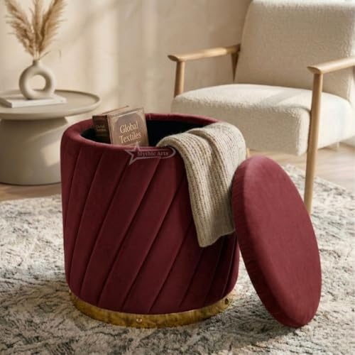 Image of Mythic ArtsRound Upholstered Sitting Stool & Footrest Velvet Storage Ottoman Pouffe16 X 16X 19 inch | Versatile Puffy for Living Room, Bedroom, and Office ? Chic Home Furnishings & Dcor Maroon