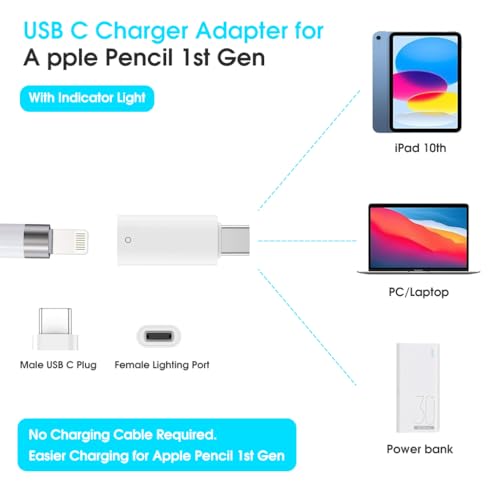 Image of ZORBES USB C to Pencil Adapter for Apple Pencil 1st Gen, USB-C Male to Pencil Charging Adapter for iPad 10th Generation Bluetooth Pairing Type C iPencil Charger Connector for iPad 10 & Pencil 1st Gen