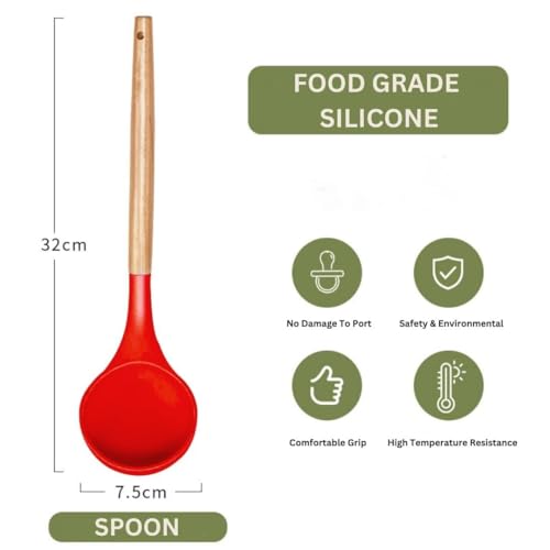 Image of Silicone Spatula Set of 3 - Wooden Handle Kitchen Tools (Red, White,Black,Blue, Green) - Heat Resistant, Non-Stick, Cooking & Mixing Spatulas for Non-Stick Pans (RED)