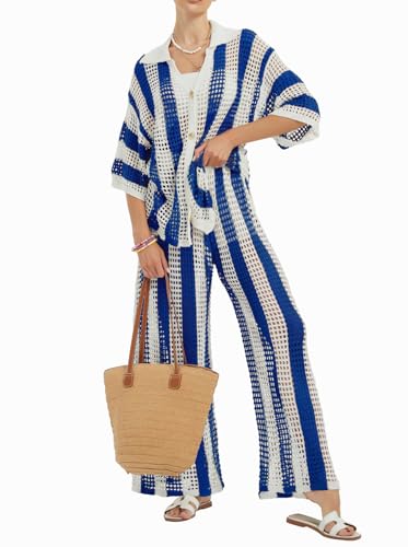Image of Women Cover Up Sets Button Up Tops with Pants Crochet Set Outfit 2 Piece Outfits Vacation Outfits