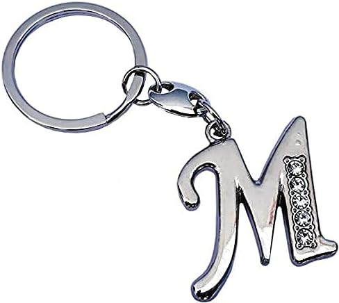 AK Store Italics Alphabet Letter Metal Keychains with Crystal Stones for Car Bike Men Women Keyrings, Silver (Italic Letter M)