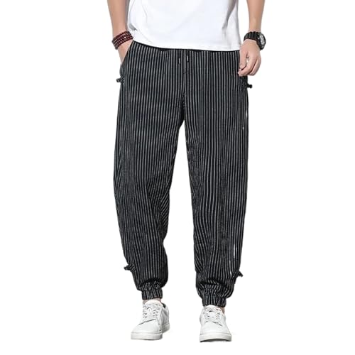 Men Striped Harem Pants Cotton Linen Pencil Pants Buckle Casual Trousers