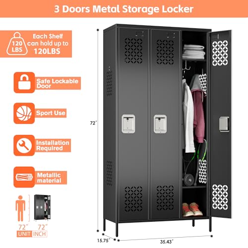 Image of Aobabo Upgrade Metal Storage Locker for Employees, 3 Doors Steel Storage Locker with Air Hole for Office Gym School, Industrial Storage with Hooks, Black, Assembly Required
