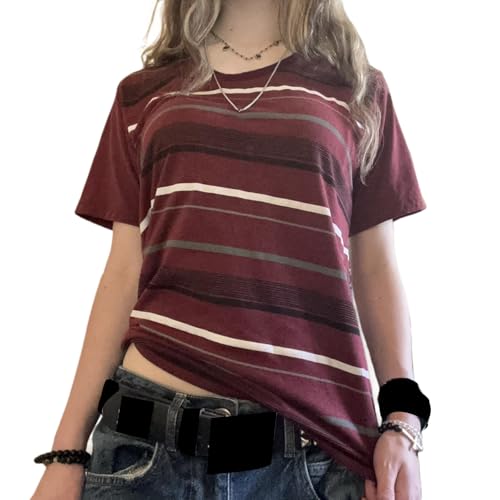 Kodaruber Y2k Grunge Graphic Tees for Women Teen Girls Vintage Goth Aesthetic Baggy Shirts 2000s Emo Tops Summer Clothes(Stripe Red,Small)