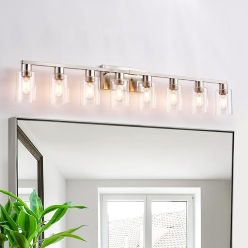 HDASIC 8 Light Bathroom Vanity Light Large Brushed Nickel Vanity Lights Fixtures Bathroom Lighting Fixture Over Mirror with Clear Glass Shade for Mirror Bedroom Living Room Wall Lamp
