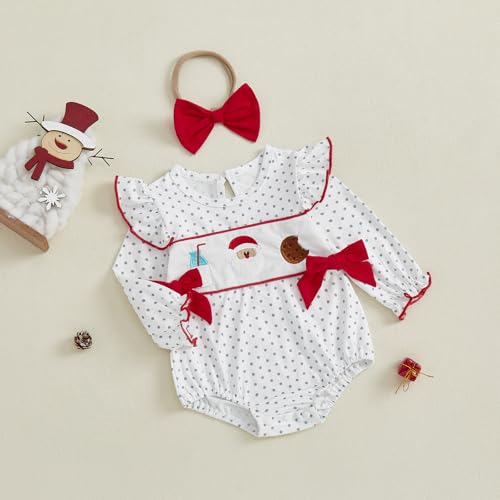Newborn Baby Girl Christmas Outfit Santa Dot Smocked Bubble Romper Ruffle Long Sleeve Bow Bodysuit Jumpsuit Clothes3