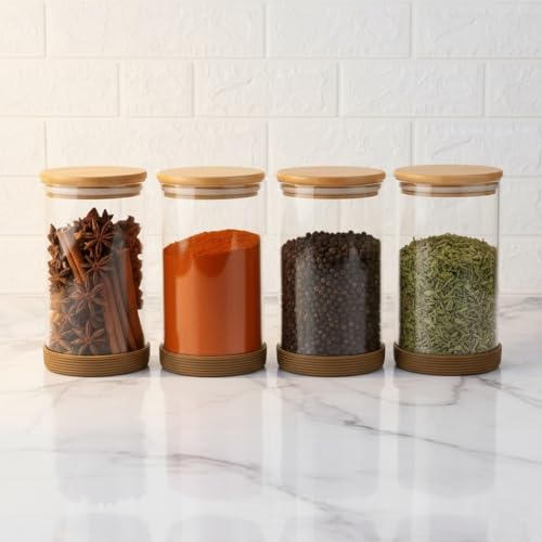 Image of Femora Borosilicate Glass Jars with Bamboo Lid I 1000ml Each-Pack of 4 | Transparent Airtight Borosilicate Kitchen Containers Set | Glass Jars for Cookies Snacks Pulses Dry Fruits Nuts
