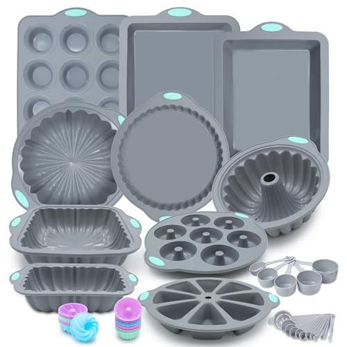 To encounter 51 Piece Silicone Baking Pan Set Non-Stick Bakeware Set with Baking Pans Reusable Donut Mold Food-Grade Silicone Molds for Cakes Cookies Muffins Bread Light Grey