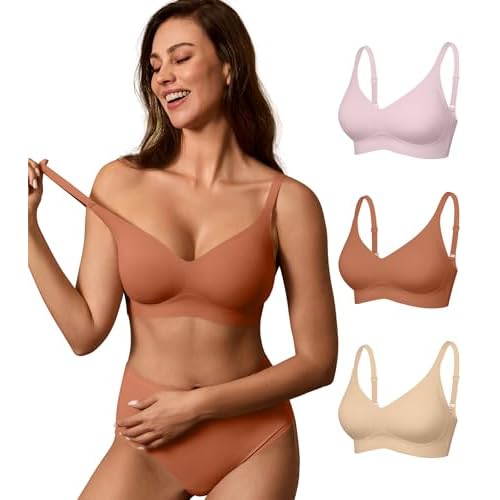 DEANGELMON Seamless Bras for Women No Underwire Comfortable Push Up Bra V Neck Wireless Bralette Full Coverage Wire Free Pink+coffee+nude Large