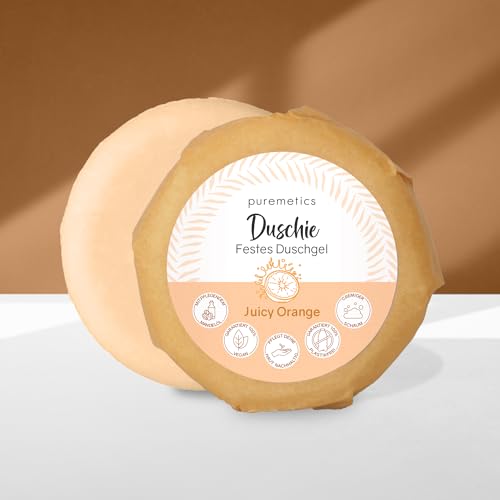 puremetics Duschie ‘Verschiedene Sorten‘ | Festes, nährendes Hydra-Duschgel | Feste Dusche | Festes Duschgel | 1 Stück 60 g (Juicy Orange)