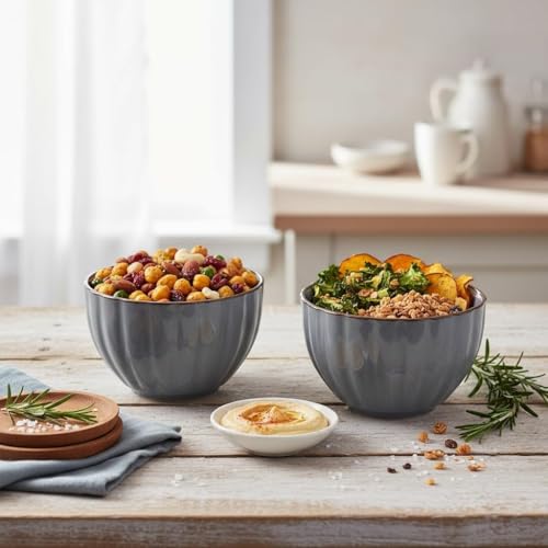Image of Beyond Homes Ceramic Serving Bowl Set of 2, 200 ml | Glossy Finish Microwave Safe Kharbuja, Melon Bowls for Kitchen, Ceramic Dinnerware Katori for Dal, Desserts & Snacks | Set of 2, Grey Brown