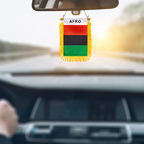 WXTWK 3 X 5 Inch Afro American Flag Pan-African Window Hanging Flag Small Mini Car Flags Banners Rearview Mirror Decoration With Suction Cup Golden Fringy Banner