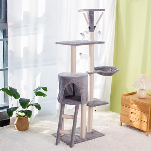 Árbol para Gatos de Varios Niveles, Marco de Escalada Suave para Rascar Gatos con Cama Ampliada, Soporte de Base Gruesa de Madera Resistente para Sala de Estar de Dormitorio Interior Light Gray