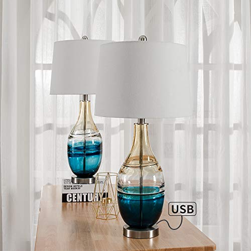 Modern Glass Table Lamps Set of 2 with USB Port for Bedroom or Living Room