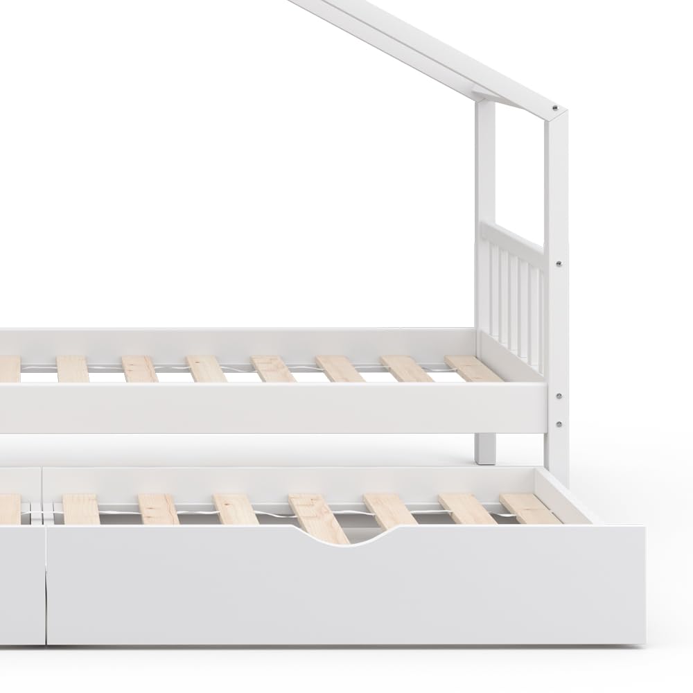VitaliSpa Letto montessori bambini Design, Bianco, 90x200 cm con letto per ospiti, con sponda anticaduta e rete a doghe per un sonno sicuro