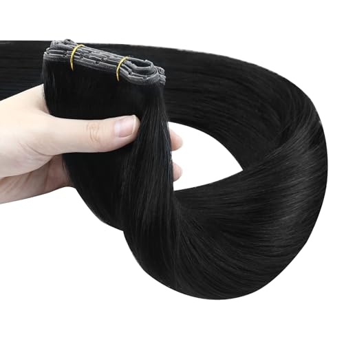 Image of Full Shine Butterfly Weft Hair Extensions Human Hair Color Jet Black Inviisble Double Pu Hole Extensions 22 Inch Long Straight Hair Genius Weft Remy Hair Add Length 100G