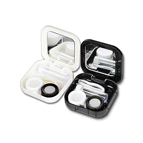 2PCS Portable Cute Pocket Mini Contact Lens Case Travel Kit Mirror Container(Black + White)