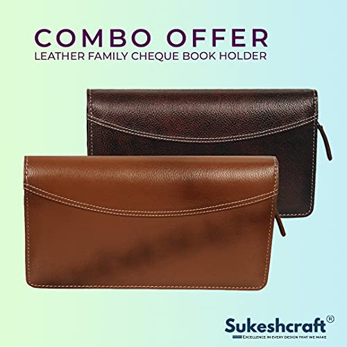 Image of Sukeshcraft Multiple Cheque Book Holder | Original Leather Holds Upto 8 Cheque Books, Locker Key Hook, 2 Photo Slots, 1 Pin-Sim Slot, 13 Credit /Debit Card Slots with Matching Zipper (Combo)