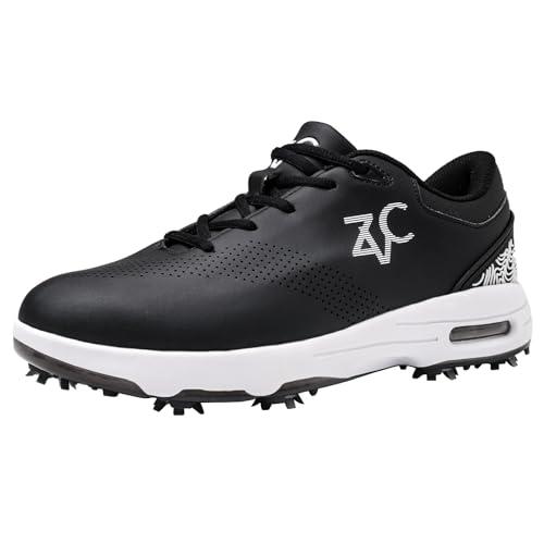 ZVC Golfschuhe für Herren, mit Spikes, rutschfest, wasserabweisend, leicht, atmungsaktiv, professionelle Schuhe mit Spikes, Outdoor, Schwarz, 42 EU