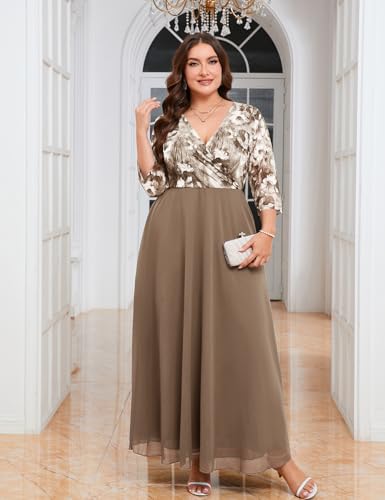 Image of ZOMVA Plus Size Maxi Formal Dress Lace Chiffon Floral V-Neck Wrap Wedding Guest Evening Gown Cocktail Prom 3 /4 Sleeves