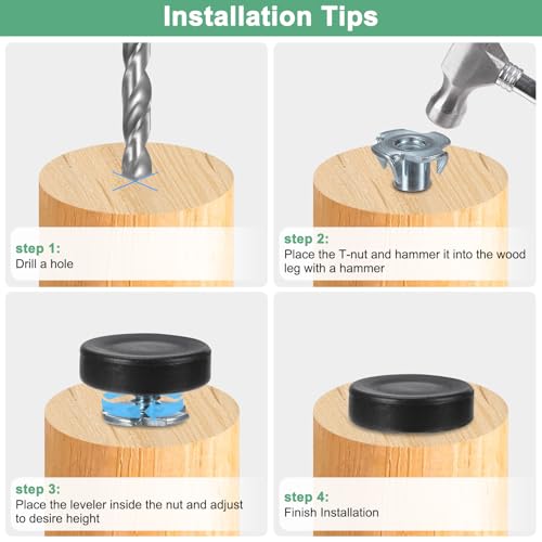 Image of M METERXITY 4-Pack Furniture Feet 1 /4 inch Thread w T-Nut Kit 1320LBS Black | Adjustable Furniture Levelers, Adjustable Leveling Feet Supports, for Tables /Cabinets /Large Base Supports