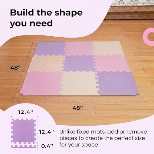 Image of MioTetto Soft Non-Toxic Baby Play Mat | Colourful Puzzle Play Mat | Foam Floor Mats with 16+2 Bonus Squares for Kids | Interlocking EVA Foam Tiles, Pink Purple Beige, 16