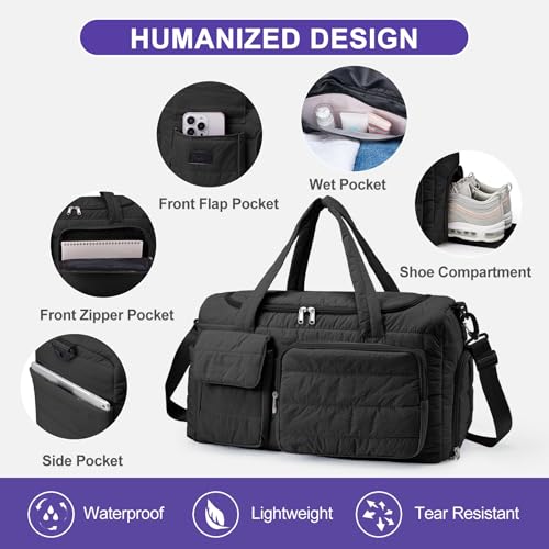 Image of Small Gym Bag for Women, Travel Duffle Bag Carry On Weekender Bag with Shoe Compartment, New#Black, 11 inch x 19.6 inch x 8.2 inch, Stylish Gym Bag