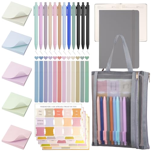 Woscel Bible Study Supplies,Bible Journaling Kit,Bible Study Kit with Journal,12 No Bleed Highlighters,12 Gel Pens,75 Tabs, 400 Sticky Notes,Christian Gifts for Women Men (Grey)