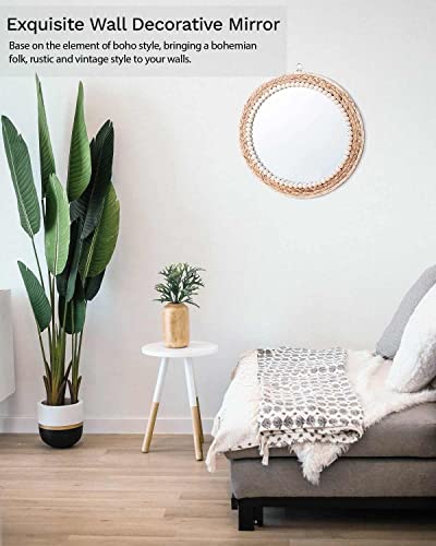 Poeme Boho Wall Mounted Mirror Round Mirror Decorative Hanging Mirror 15 Inch Circle Rattan Mirror Boho Bedroom Decor Farmhouse Mirror Living Room Bathroom Decor Boho Furniture For Girl #TOP2