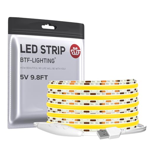 Image of BTF-LIGHTING 5V USB COB LED Strip Lights Super Bright Dimmable LED Tape Light,Warm White 2700K 9.8FT Flexible Light Strip with Strong 3M Tape for 3D Printer,TV Backlight,Cabinet,Home Lighting