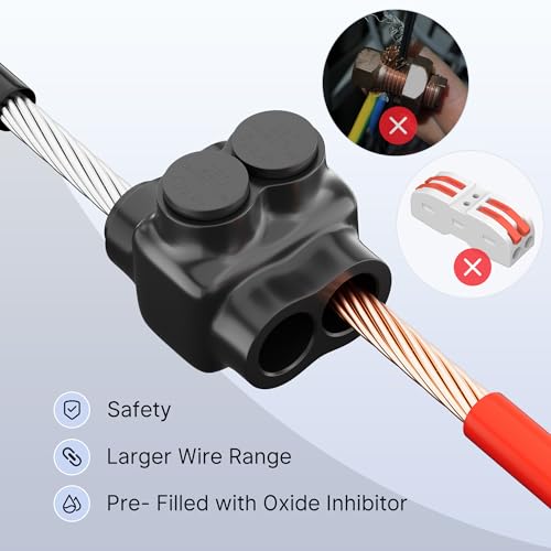 Image of RVBOATPAT Aluminum to Copper Wire Connectors 250MCM-6 AWG 2 Port Aluminum Copper Splice 5 /16 inch Slotted Allen Hex Dual Entry Electrical Power Connector