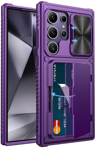 Image of Vihibii for Samsung Galaxy S24 Ultra Back Cover with Card Holder (4 Cards) & Slide Camera Cover & Kickstand, Shockproof Rugged Hard Back & TPU Soft Edge Case for Galaxy S24 Ultra, Dark Purple
