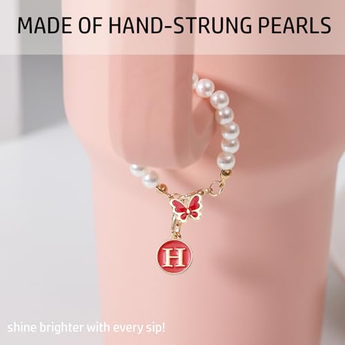 Image of Accessories for Stanley Cup Pearl Chain Initial Accessoriess for Handle Stuff Decor Water Bottle Jewelry Tumbler Cute Simple Modern Personalized Name ID Decorations Letter Red Tag H