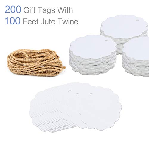 200 PCS White Kraft Scalloped Paper Gift Tags with 100 Feet Natural Jute Twine String for Arts Crafts Packaging (Label Measures 2.4” in Diameter)2