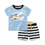 Fansu Ensembles de Pyjama Bébé 2 Pièces, d'été Ensembles 2-10 Année Garçon Fille Coton Imprimé de T-Shirt à Manches Pyjamas de Bande Dessinée sous-Vêtements (90cm,Avion Bleu)