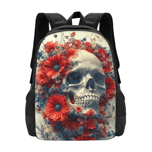 Image of Floral Skull Print Backpack For Men Women Lightweight Daypack For Daily Commutes Business Travel Hiking