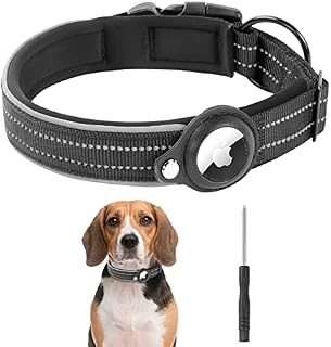VSSHE Airtag Dog Collars, Adjustable Nylon Reflective Dog Collar, Pet Collars with Apple Airtag Dog Collar Holder and Soft Breathable Neoprene Padding, Quick Release, Light Comfortable, S, Black