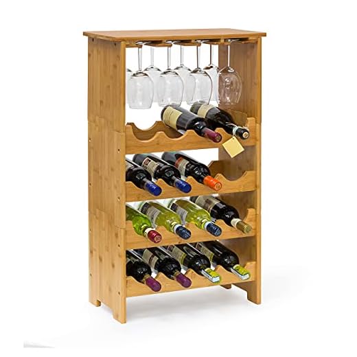 Relaxdays 10013871 Casier à bouteilles de vin Étagère à vin en bambou H x l x P : 84 x 50 x 24 cm range-bouteilles horizontal pour 16 bouteilles porte-bouteilles en bois avec porte-verres pour 12 verres, nature