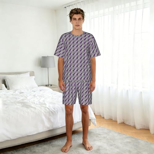 Pyjama 2 pièces homme violet avec motif rose et crâne à manches courtes