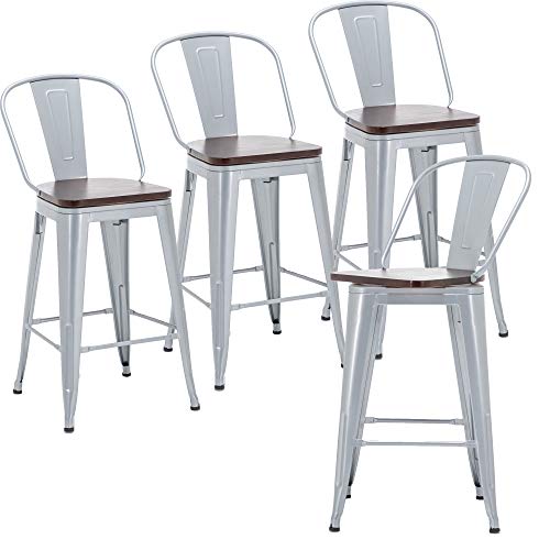 Andeworld 26 Inch Swivel Bar Stools Industrial Metal Barstools High Back Dining Bar Chairs Counter Height Stools With Wooden Seat Set Of 4(26 Inch,Silver) #TOP13