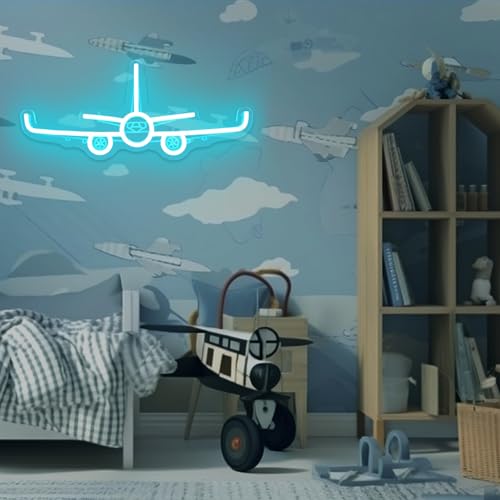 Image of Airplane Neon Sign Dimmable 3D Aviation Led Sign Airplane Wall Art Pilot Neon Lights for Bedroom Plane Decor for Boys Room Bar Office 16.2 x 6.9 Inches