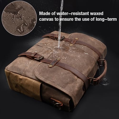 Mens Messenger Bag 15.6 Inch Waterproof Vintage Genuine Leather Waxed Canvas Briefcase Large Satchel Shoulder Bag Rugged Leather Computer Laptop Bag with Leather Pencil Case Pouch, Brown
