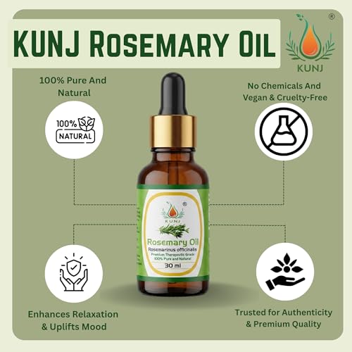 Image of KUNJ Rosemary Oil for Hair Growth & Hair Fall Control - 30ml | 100% Pure & Natural Undiluted Rosemary Essential Oil | Promotes Thick Hair, Scalp Nourishment, Dandruff Care | Steam Distilled