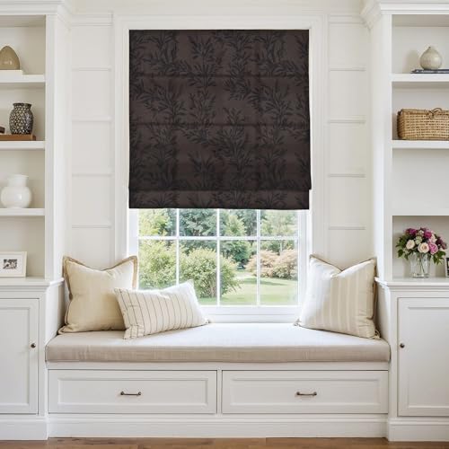Image of TWOPAGES No Drill Cordless Vintage Leaf Print Roman Shades Linen Textured Roman Blinds for Windows, Custom Made Room Darkening Light Filtering Roman Window Shades, Wine, 1 Piece
