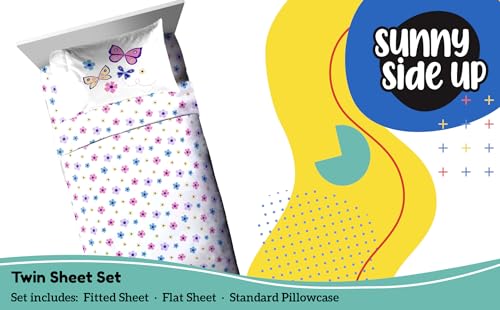 Image of Sunny Side Up Flutter Twin Sheet Set - 3 Piece Kids Bedding Set Includes Pillow Cover - Super Soft Floral Microfiber Sheets