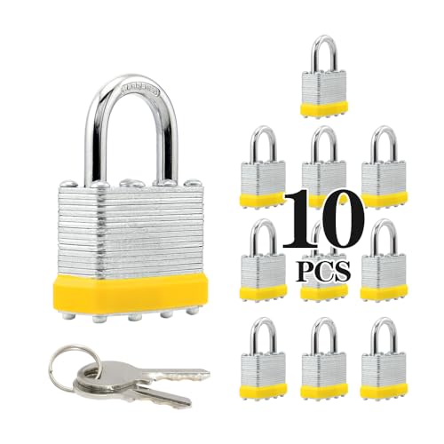 Image of Laminated Steel Keyed Padlocks, 10 Pack, Keyed Alike, Normal Shackle, 1-9 /16 inch (40mm),Yellow Hoop, for Hasp Latch, Sheds, Fences, Storage Locker, Gym