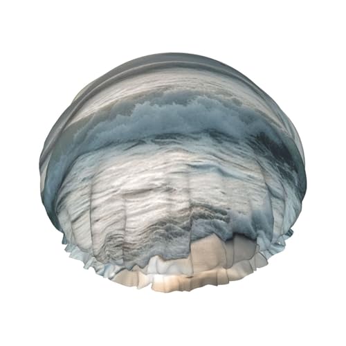 Gorro de ducha con estampado de olas en la playa con pájaros marinos para mujer, doble capa, impermeable, elástico, reutilizable, protección para el cabello, gorro de baño para spa, salón de baño
